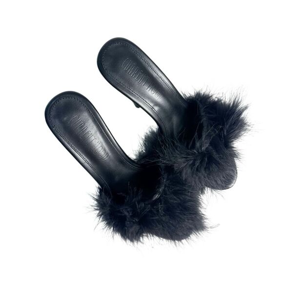 CURRENT MOOD Black Maribou Feather Platform Slide Heels 38 Sinful Money Hunny - Picture 4 of 11